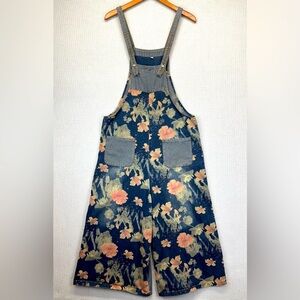 COWOKA Boho Floral Denim Bib Overalls Loose Wide Leg Jumpsuit Suspenders Small